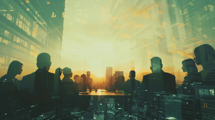 Double exposure image of business people conference group meeting with city office building in background