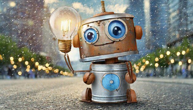 Un petit robot  rouillé en boite de conserve, ampoule et peinture bleue