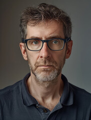 Professional studio portrait of a mature man with a thoughtful expression wearing eyeglasses against a gray background