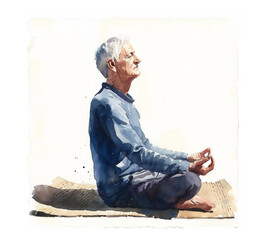 Fototapeta premium Happy elder man doing yoga in a asana pose peacefully and calmly. Realistic watercolor illustration on simple light background