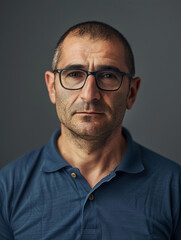 Obraz premium Close up of a confident older man with short hair and glasses wearing a blue polo shirt against a gray studio background