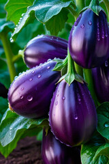 Ripe purple eggplants growing on a branch in the plantation area.