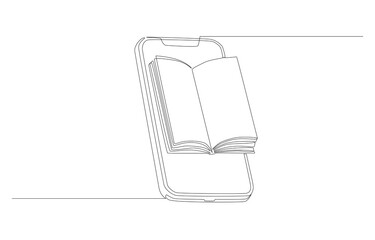 Continuous one line drawing of smartphone with open book on screen, e-book reading, online learning concept, single line art.
