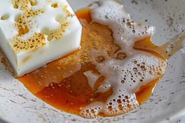 dish with dried sauce and a sponge wet with dish soap on it - obrazy, fototapety, plakaty