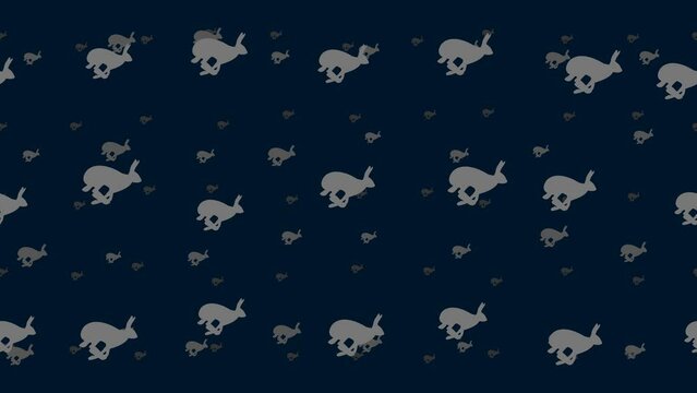 Hare runs symbols float horizontally from left to right. Parallax fly effect. Floating symbols are located randomly. Seamless looped 4k animation on dark blue background
