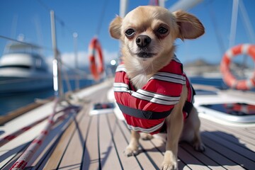 small dog on a boat deck wearing a redstriped lifejacket - obrazy, fototapety, plakaty