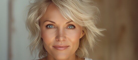 A woman with blonde hair and blue eyes wearing a white shirt is staring directly at the camera