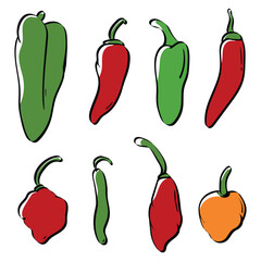 cute colorful chilies icons set. spicy, pepper, hot, jalapeno, red chili, ghost pepper, habanero. simple funny hand drawn flat simple vector illustrations