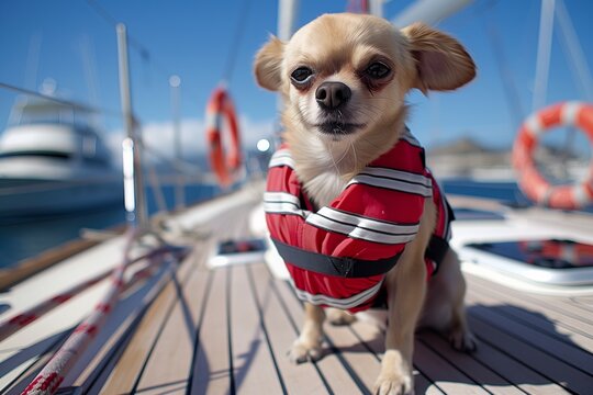 small dog on a boat deck wearing a redstriped lifejacket