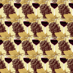 Seamless pattern with realistic bunches of grapes and glasses of red wine on a light yellow. Suitable for wallpaper, wrapping paper or fabric design. Vector background on a wine theme in retro style - 763891910