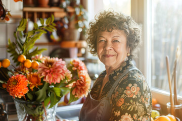 Radiant Senior Lady in a Sunlit Kitchen Embracing Life - Generative AI