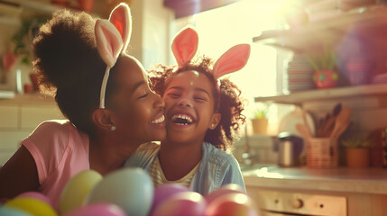 a mother and daughter wearing bunny ears are playing with easter eggs in the kitchen