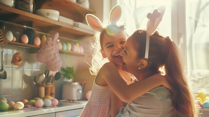 A woman holds a little girl in bunny ears, sharing a happy moment in the kitchen - obrazy, fototapety, plakaty