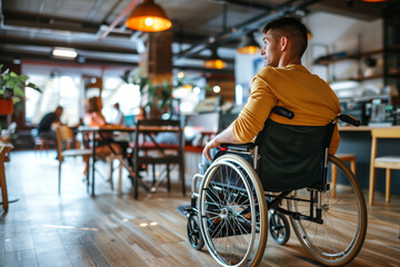 Man in wheelchair enjoys restaurant leisure in comfortable seating
