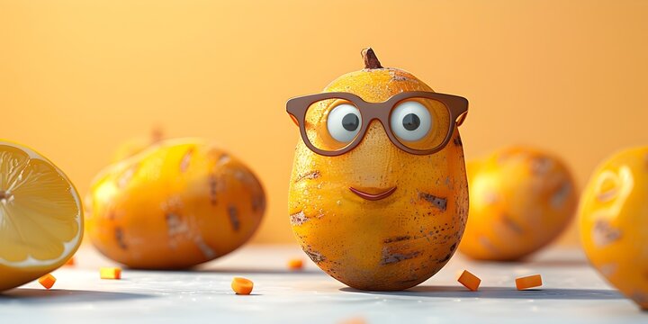 a personified sweet potato character wearing oversized eyeglasses and hosting what appears to be a cooking show