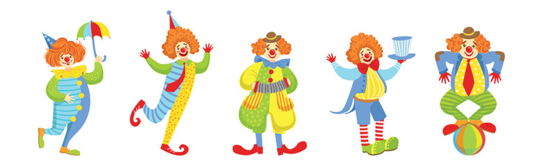 Circus Clown Character in Jester Costume with Nose Vector Set