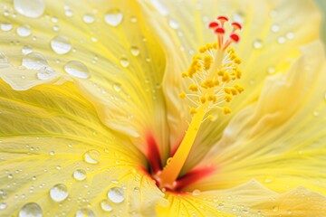 closeup of a yellow hibiscus with dew drops