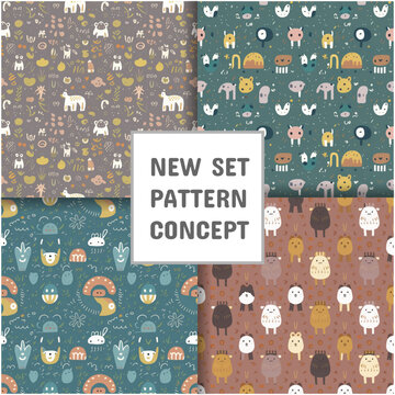 Vector seamless cute animal patterns, seamless set of patterns