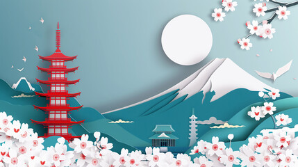 ペーパークラフトの富士山と日本の風景