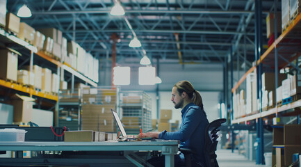 A man in a warehouse building, sitting at a desk using a laptop computer - obrazy, fototapety, plakaty