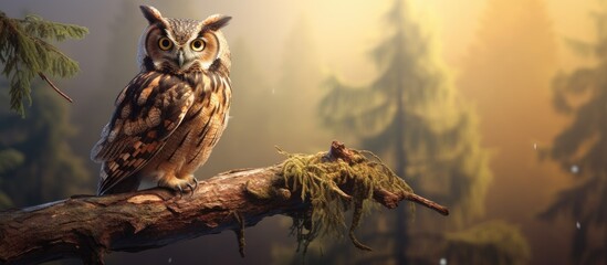 A bird of prey, the owl, with its sharp beak, perched on a tree branch in the woods. This terrestrial animal is a fascinating subject in the art of Falconiformes science - obrazy, fototapety, plakaty
