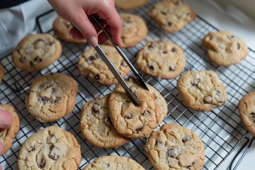 hands using tongs to transfer freshly baked cookies to a cooling rack