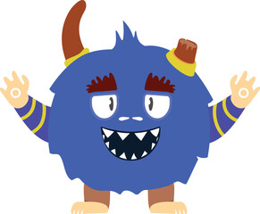 Funny beast. Fantasy monster character. Blue horned creature