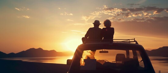 Romantic Silhouette of  Senior Couple Embracing on Car Roof at Sunset - obrazy, fototapety, plakaty