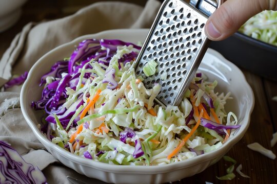 hand moving grater over a bowl of cabbage for coleslaw