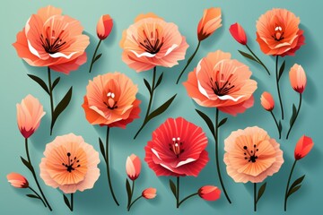 Stylish red spring flower icons set on blue background for seasonal designs and projects