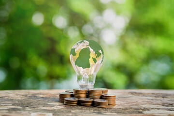 Green business. Investing in green businesses Green world map on light bulb With coins around the light bulb. Environmental investment concept Long-term investment for a sustainable future