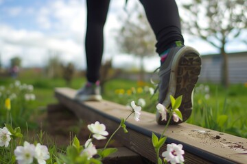 person using outdoor balance beams, flowers in bloom