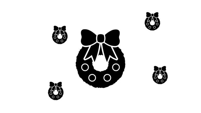 Zoom in and out animation the christmas wreath symbol. Large black symbol in the center and four small symbols around. Seamless looped 4k animation on white background