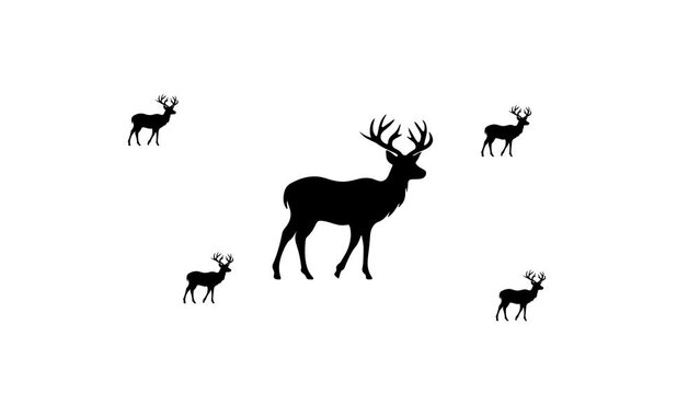 Zoom in and out animation the deer symbol. Large black symbol in the center and four small symbols around. Seamless looped 4k animation on white background