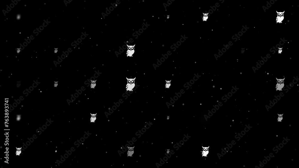 Poster template animation of evenly spaced owl symbols of different sizes and opacity. animation of transpa