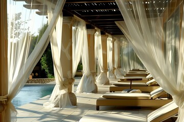luxurious resort pergola with sheer drapes and daybeds - obrazy, fototapety, plakaty