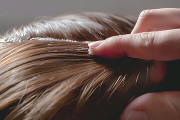person applying conditioner to long hair with a focus on the fingertips