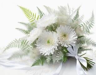 Bouquet of white flowers with decorative leaves and grasses on a white background

