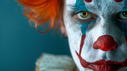 A portrait of a colorful clown with a red nose and bright makeup, providing joyful entertainment for a party or event. - obrazy, fototapety, plakaty