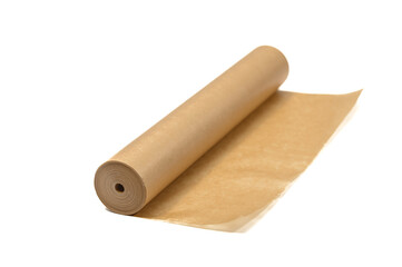 Duża pojedyncza rolka brązowego papieru do pieczenia woskowanego izolowana na białym tle - obrazy, fototapety, plakaty