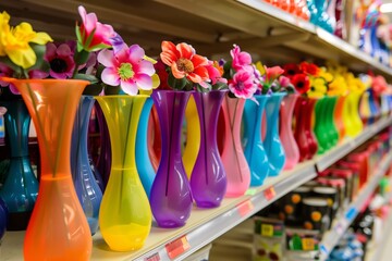 an array of plastic vases with artificial colorful blooms lined up on a store shelf
