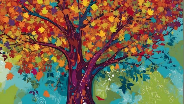 A vibrant digital artwork depicting the colorful tree with cascading leaves Generative AI