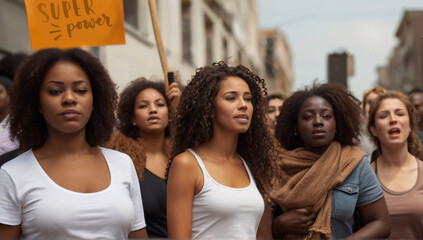 Displeased crowd of women and girls peacfully protesting for women's rights, gender equality, to stop violence against women and supporting abortion rights. Human activism concept. - obrazy, fototapety, plakaty