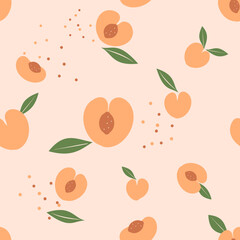 Seamless pattern with peach fruit and green leaves on pastel orange background vector. Cute fruit print.