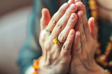 closeup of hands in prayer position with a necklace - obrazy, fototapety, plakaty