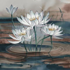 A vibrant lotus with delicate petals stands out against a soft backdrop of elegant, flowing forms resembling water.