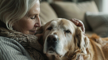 Caucasian woman, 40s, petting a dog on a couch,