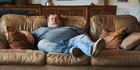 Fat lazy adult Man Relaxing on Couch at Home. An unshaven, overweight man with a big potbelly is lying on the couch, infantilized. - obrazy, fototapety, plakaty