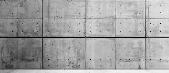 A monochrome photo showcasing a symmetrical pattern of rectangular and square shapes on a concrete wall, creating a parallel and structured composition