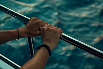 closeup of hands holding onto yacht railing above waterline